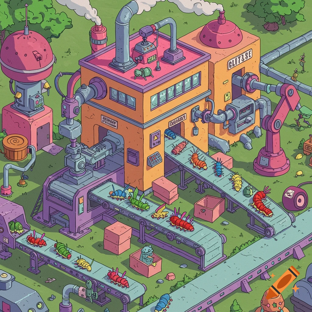 Cartoon isometric view of a factory building colorful caterpillars on conveyor belts.