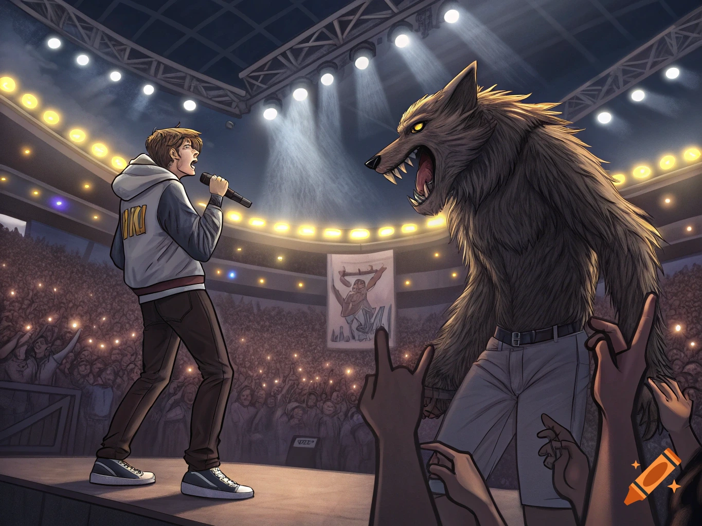A stylized image of a singer on stage at a concert, facing a large werewolf. A crowd fills the stadium.