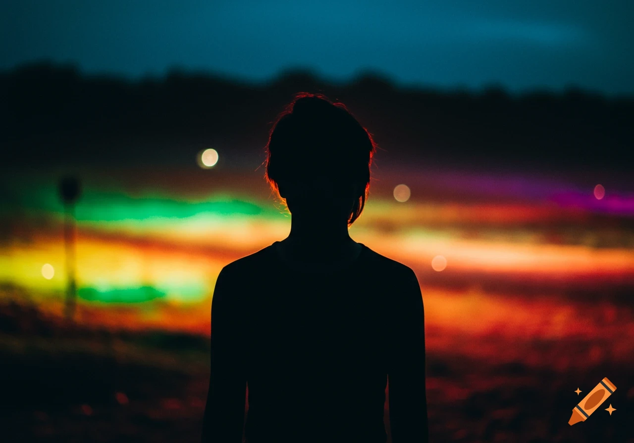 Silhouette of a person against a colorful night scene of lights.