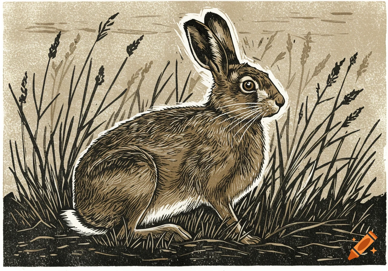 A brown hare sits in a grassy field in a linocut style.