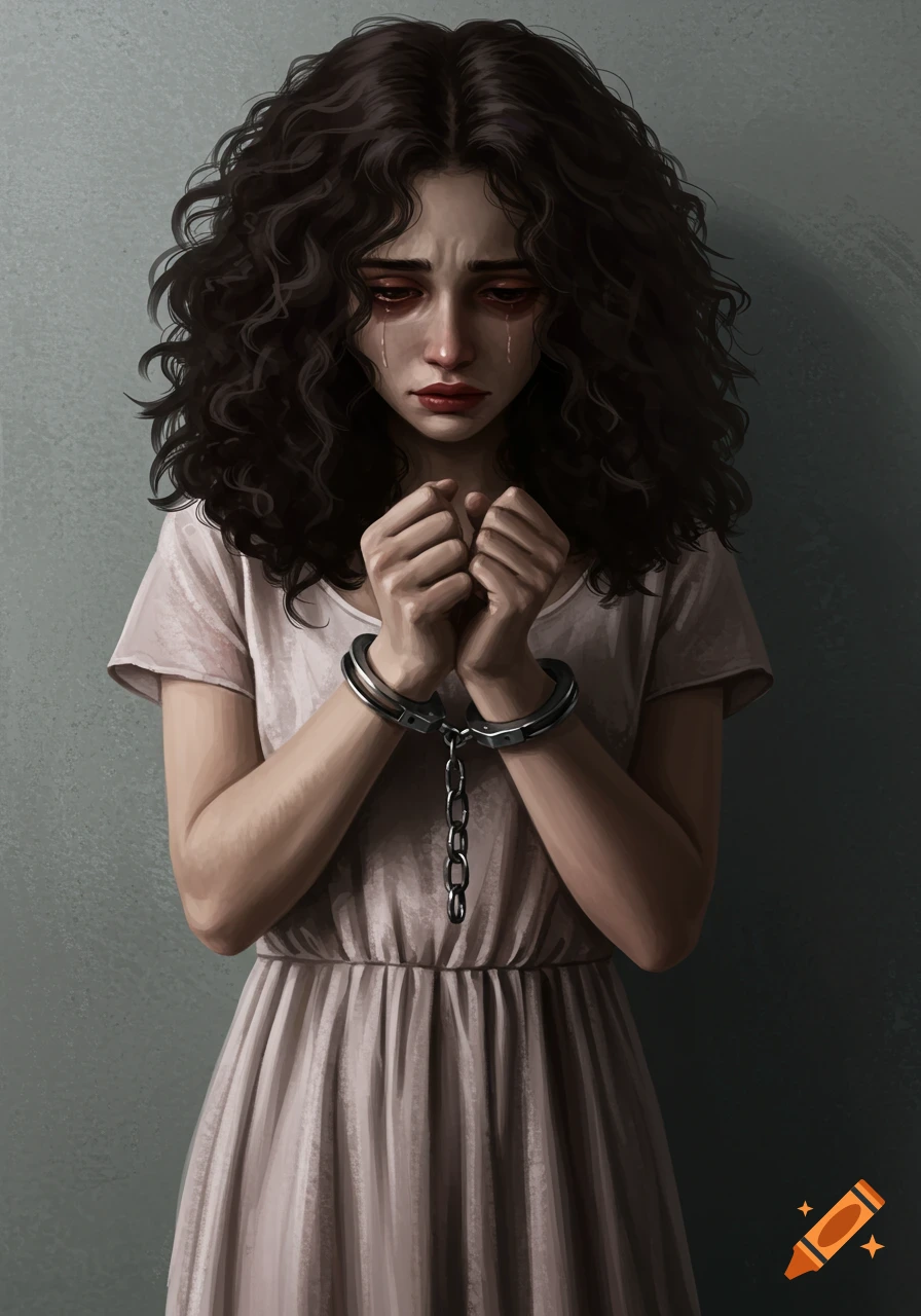 A woman with curly hair in a dress, handcuffed and crying