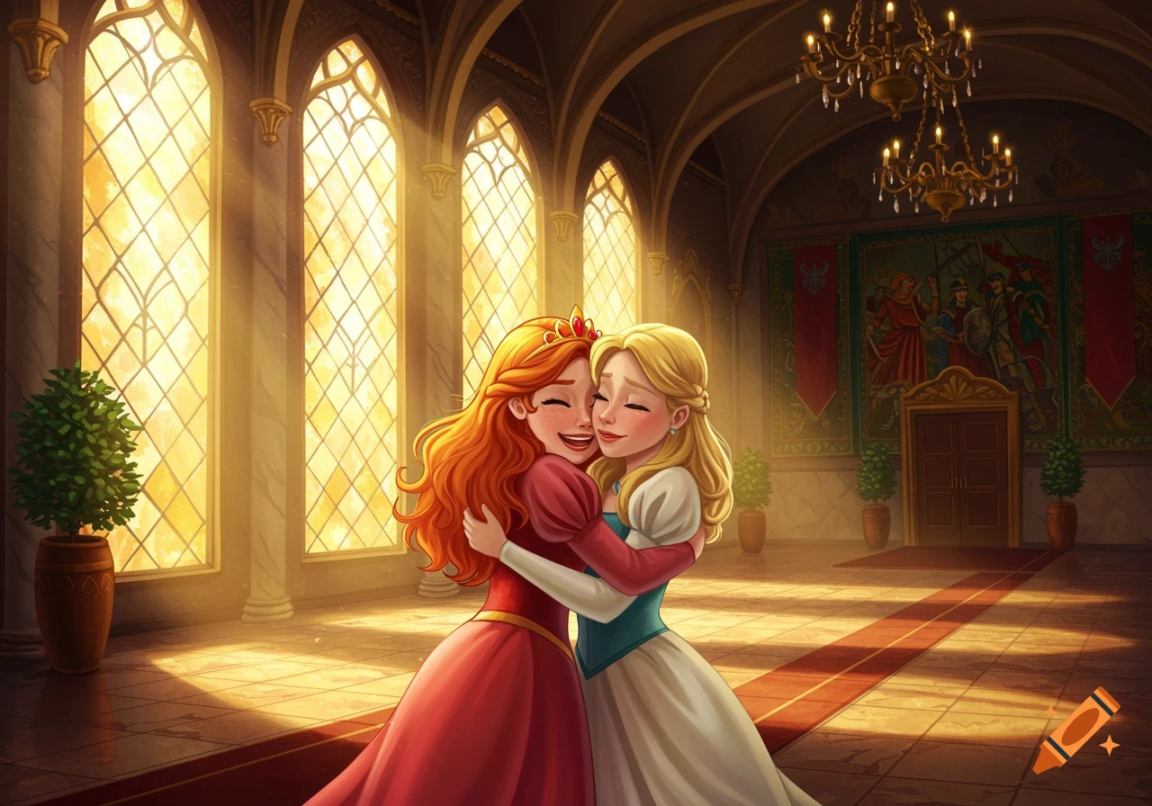 Two princesses with red and blonde hair hug in a sunlit castle hall