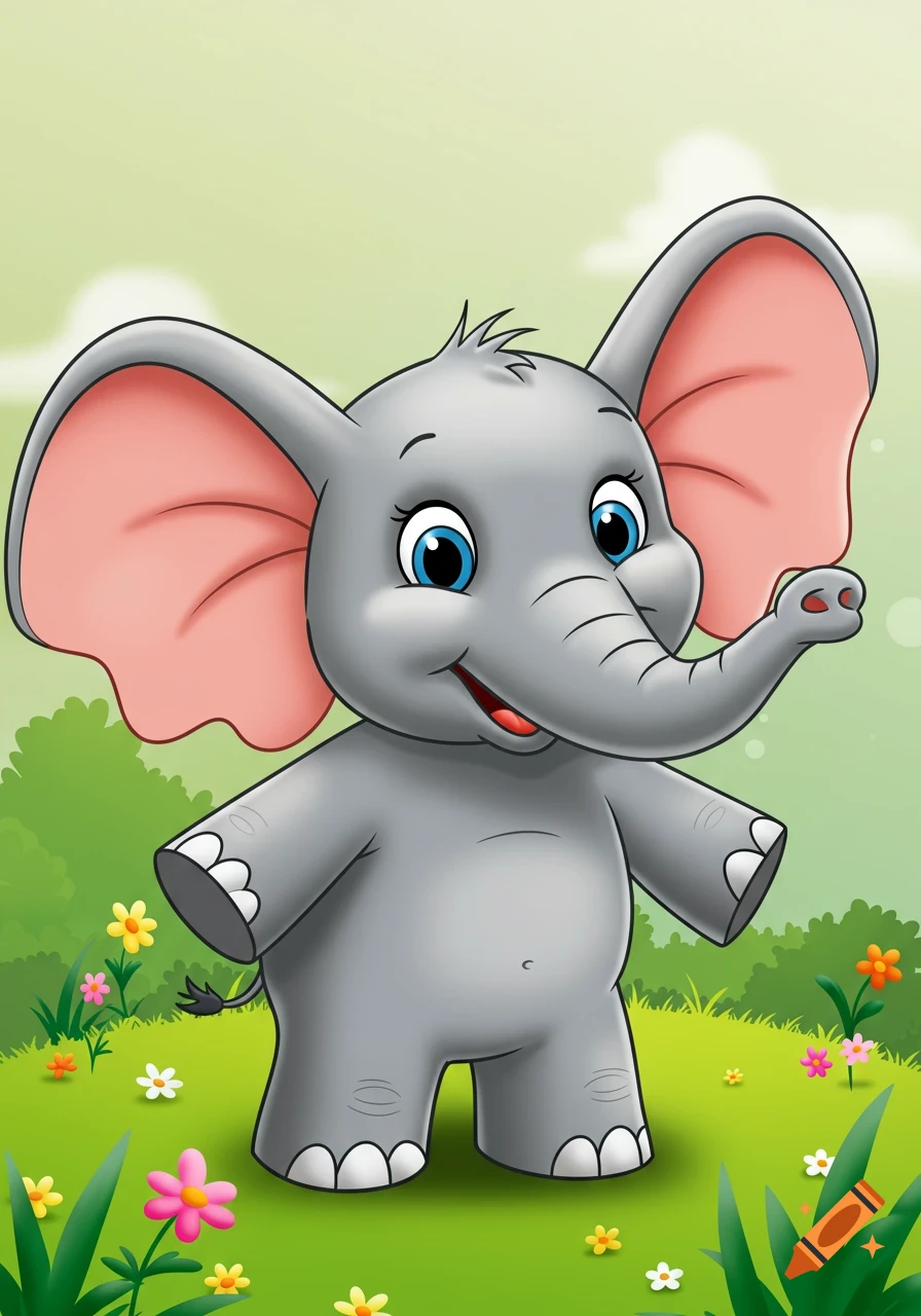 A cute cartoon elephant stands in a grassy field with flowers.