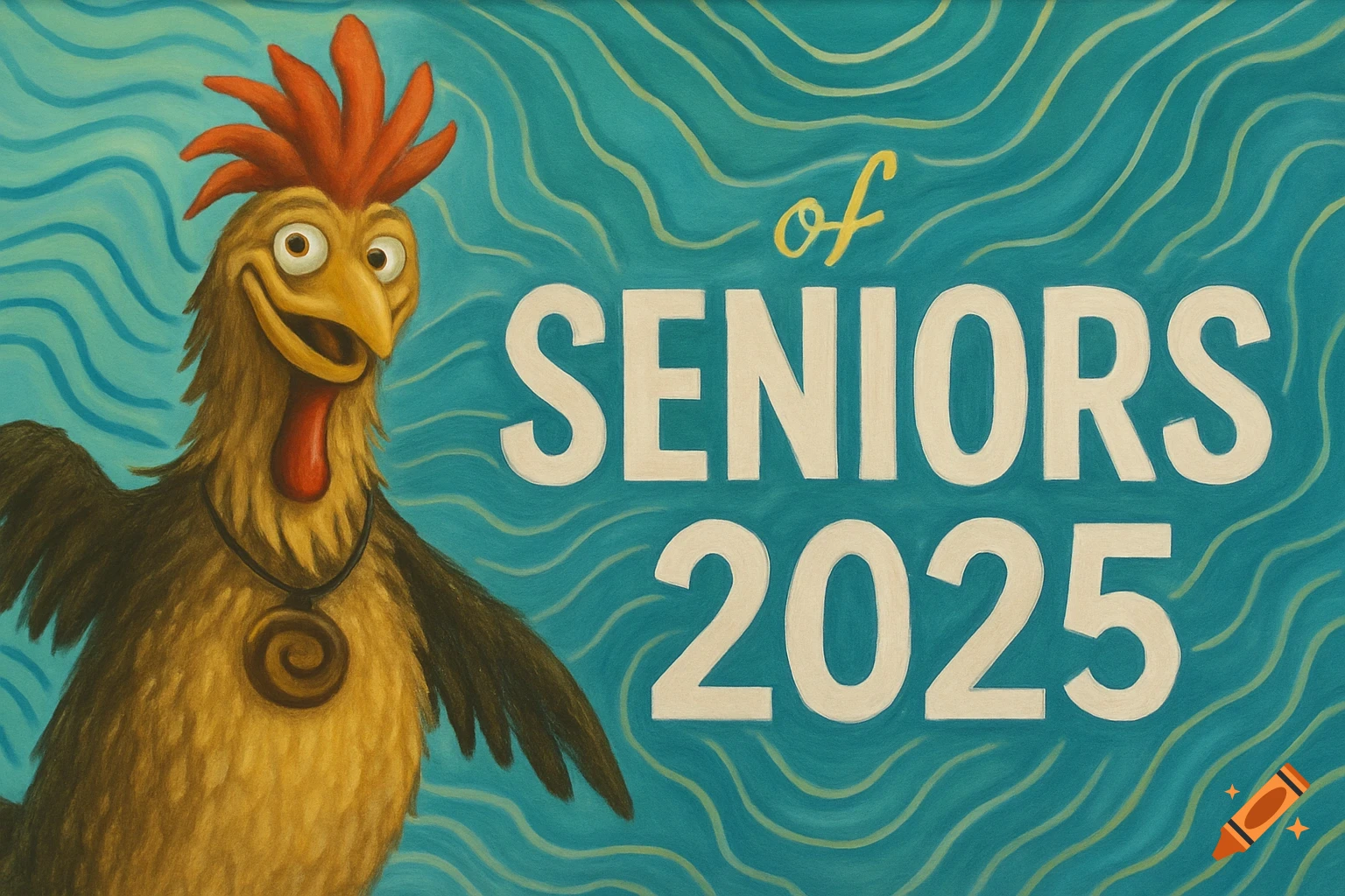Cartoon chicken stands next to the text 'of SENIORS 2025' on a blue background with wavy lines.