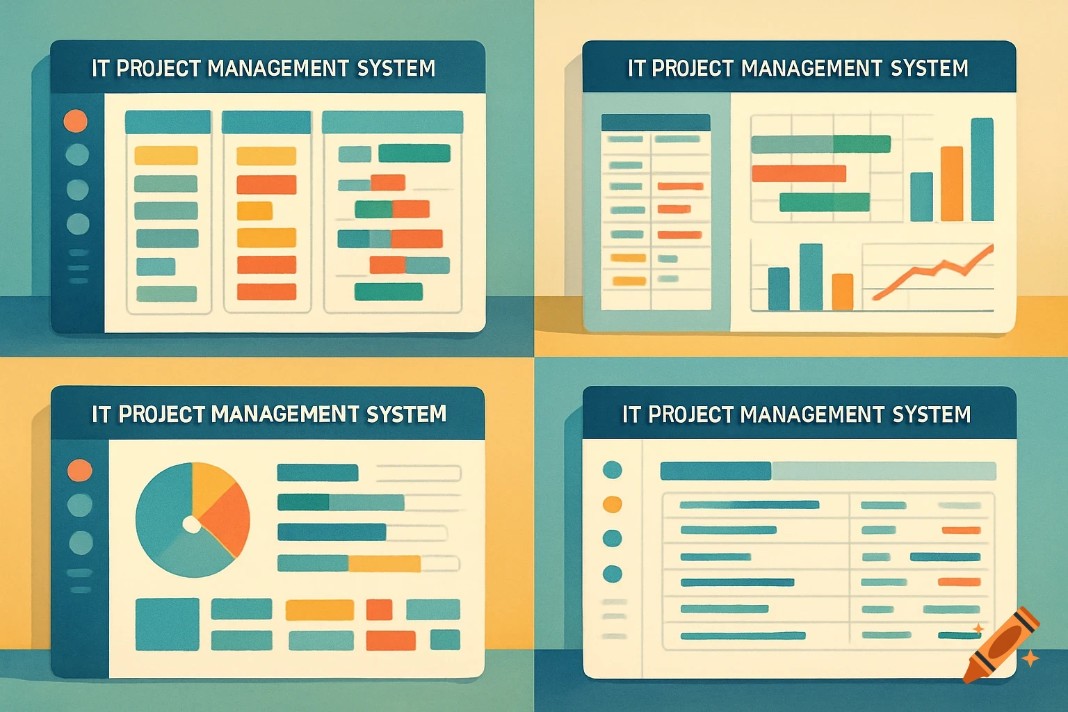 Stylized illustration of multiple IT project management dashboard screens with charts and tables.
