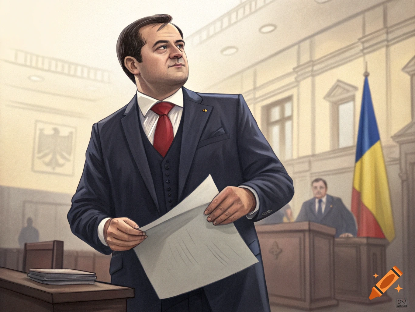 Portrait illustration of a Romanian politician in a suit holding a paper in a government building