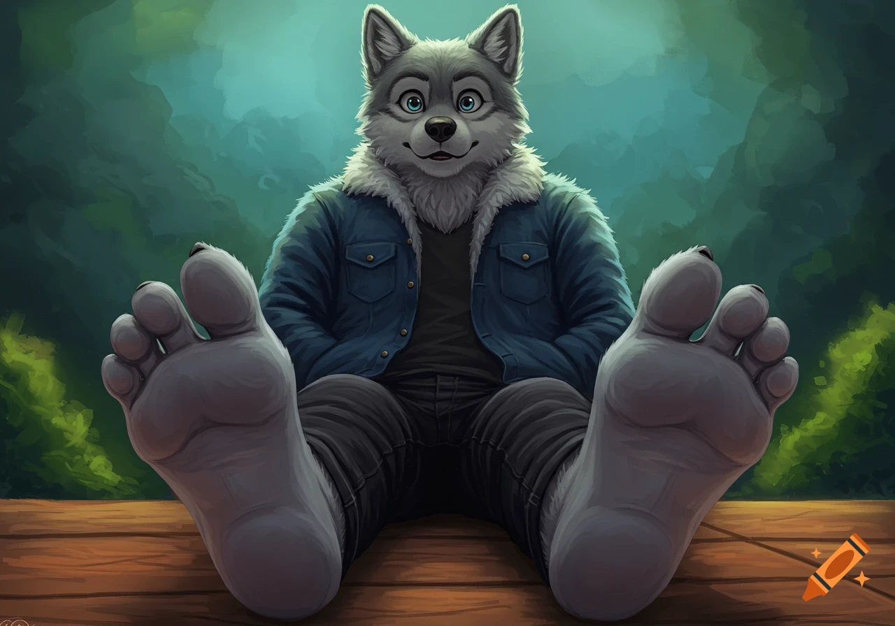Illustration of a grey wolf furry wearing a jacket and jeans, sitting with large bare feet visible, in a forest clearing.