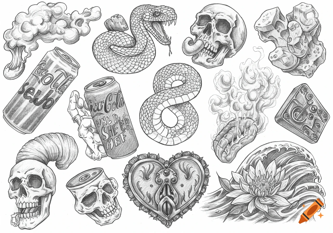 Black and white pencil drawing of various objects including skulls, snakes, soda cans, waves, and a lotus flower.