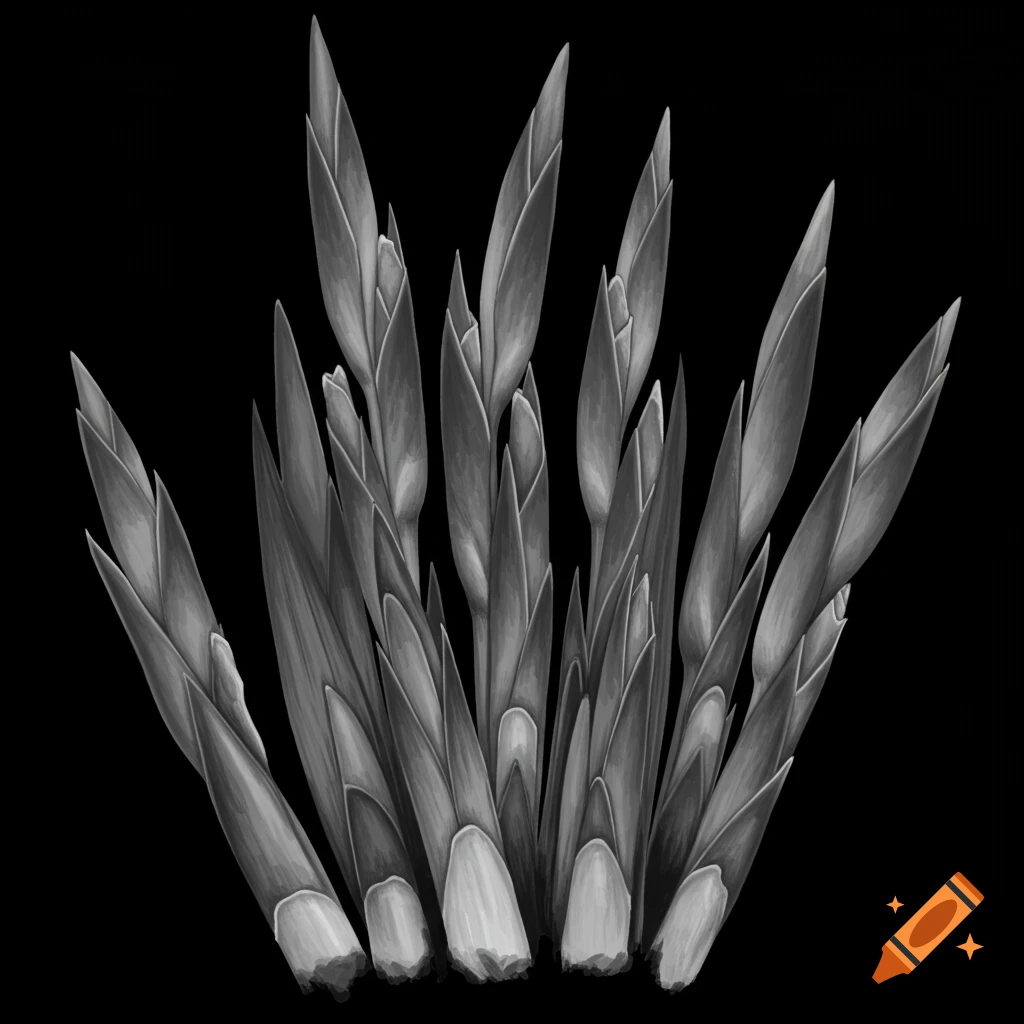 Grayscale illustration of multiple gladiolus sprouts on a black background.