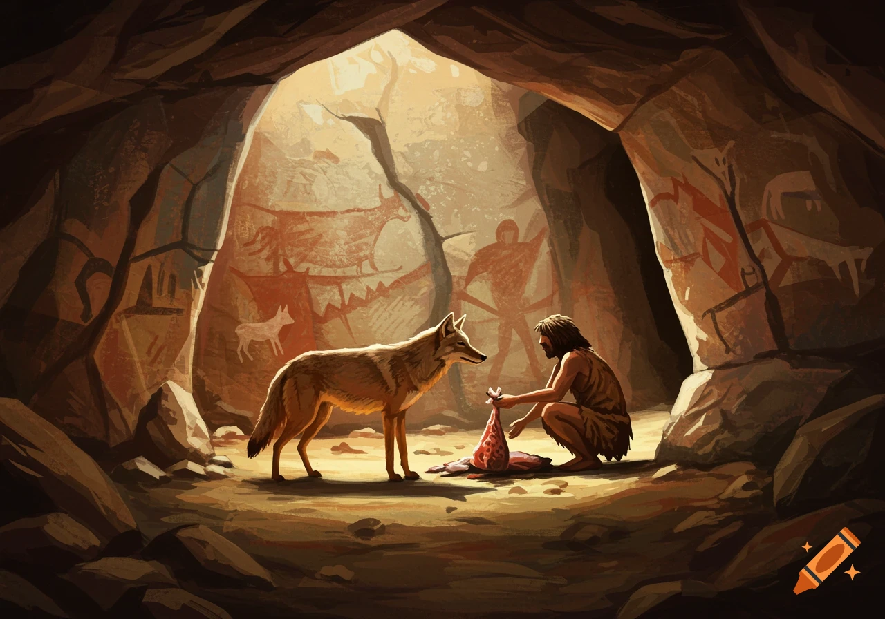 A prehistoric man and coyote inside a cave with ancient cave paintings on the walls, illuminated by sunlight. Illustration style.
