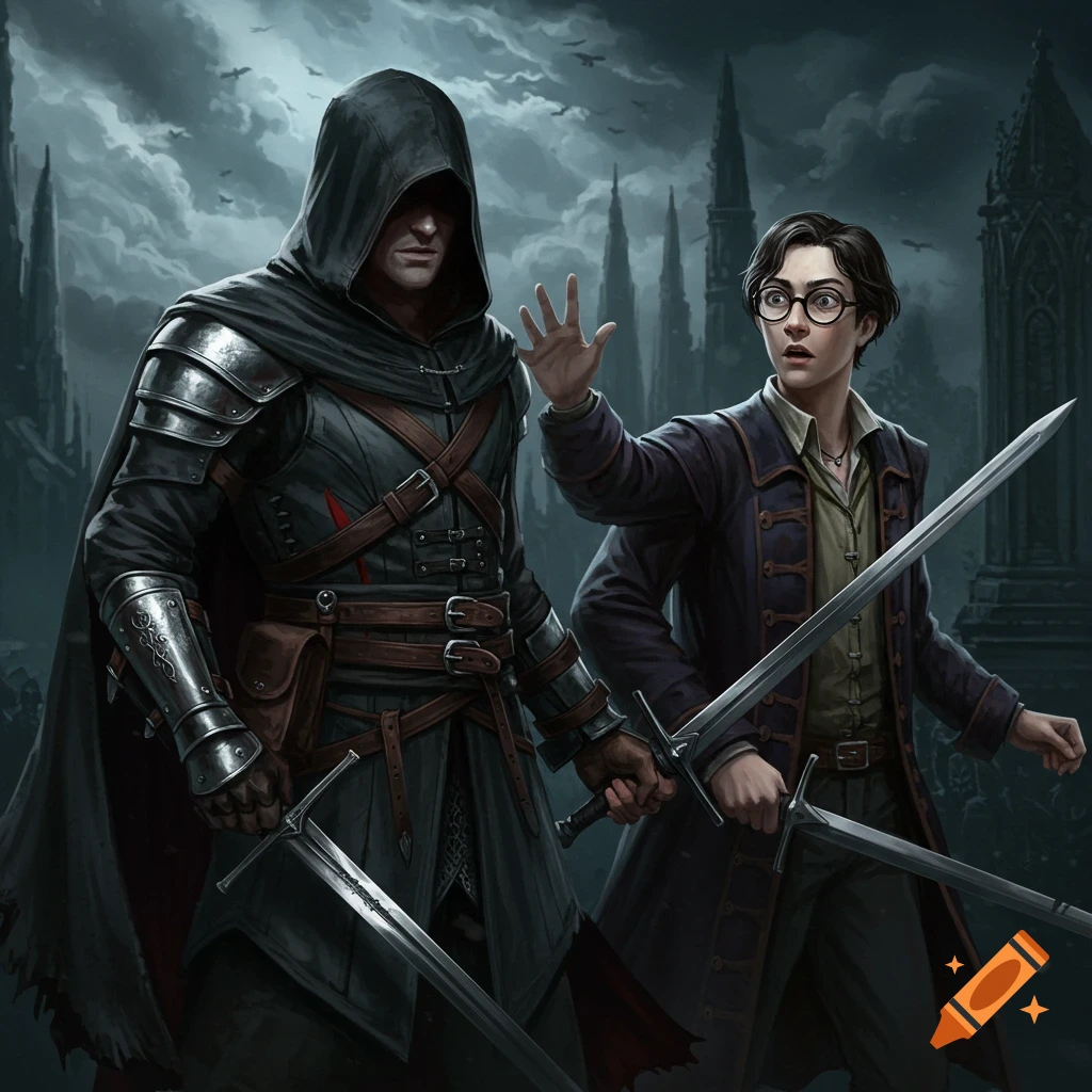 A man in a hooded cloak and armor stands beside a person with glasses, both holding swords, in a dark fantasy setting.