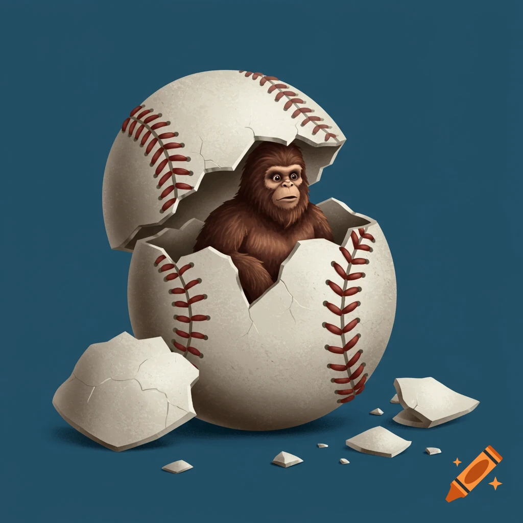 Illustration of a sasquatch hatching out of a broken baseball egg.