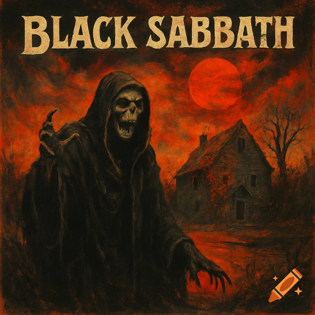 Dark art album cover featuring a skeletal figure, haunted house, and red sky with the text 'BLACK SABBATH'