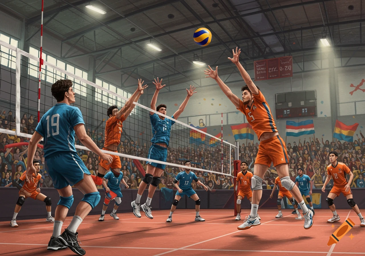 Volleyball players blocking at the net during a game in an arena.