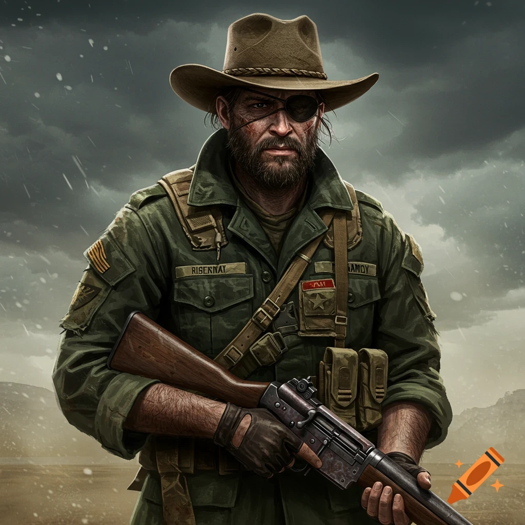 A soldier with an eyepatch and cowboy hat holds a rifle against a cloudy background.