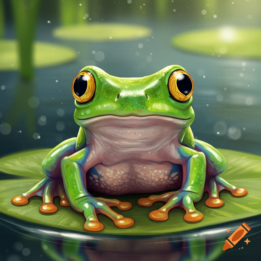 A vibrant green tree frog sits on a lily pad in a pond, illustration.
