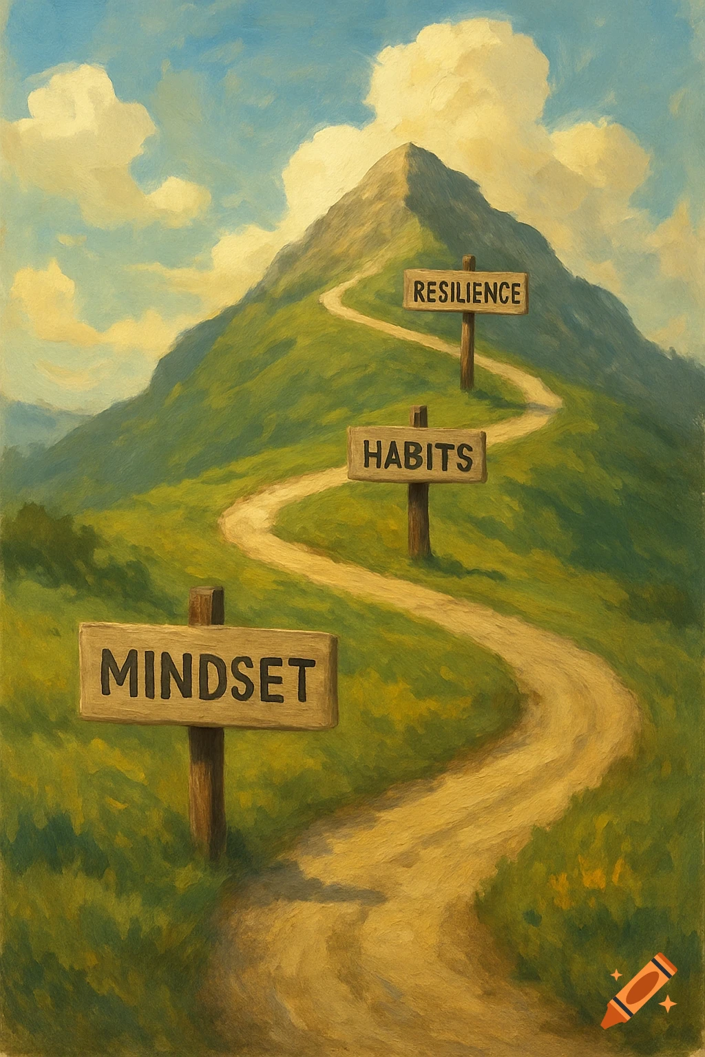 A winding path ascends a green mountain, with signs reading "Mindset," "Habits," and "Resilience" along the way, in a painterly style.