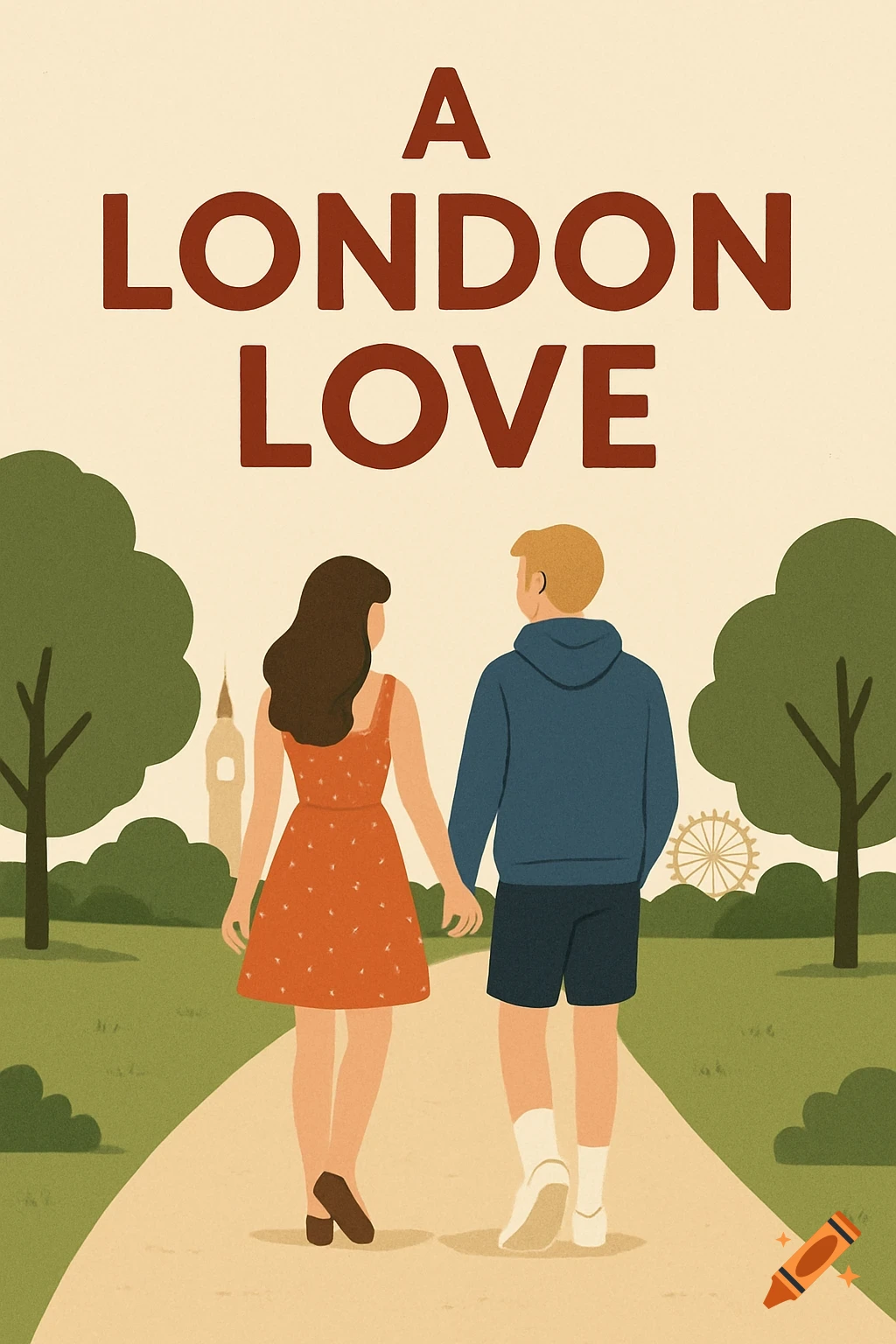 Minimal illustration of a couple walking away through a park towards London landmarks with the text 'A LONDON LOVE' above.