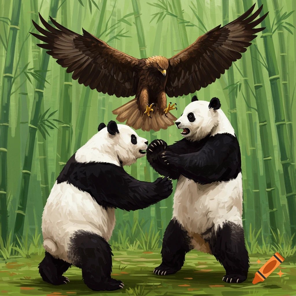 Two pandas wrestle while an eagle flies above them in a bamboo forest.