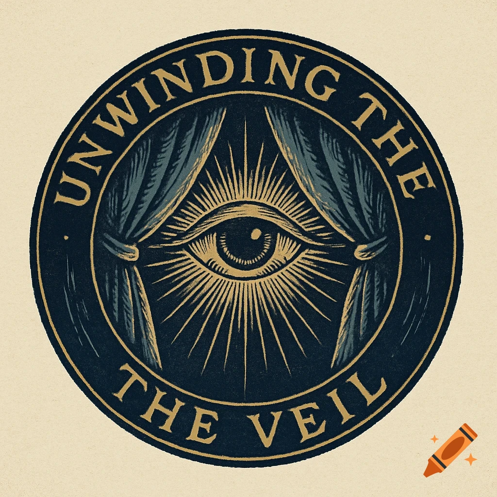 A circular logo featuring an eye with radiating lines framed by drawn curtains, with the text "UNWINDING THE VEIL" around the edge, in an old world sketch style.