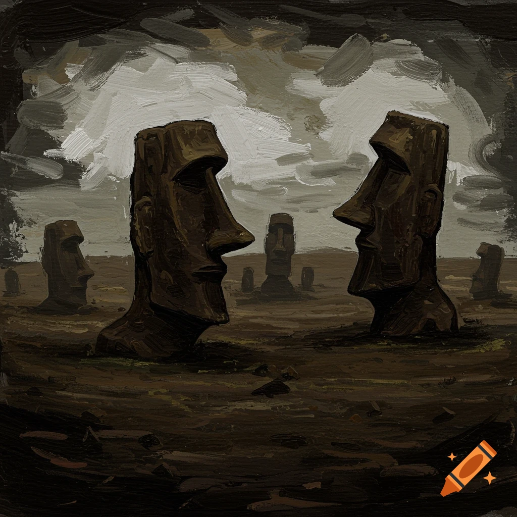 Gloomy finger painting of Easter Island statues