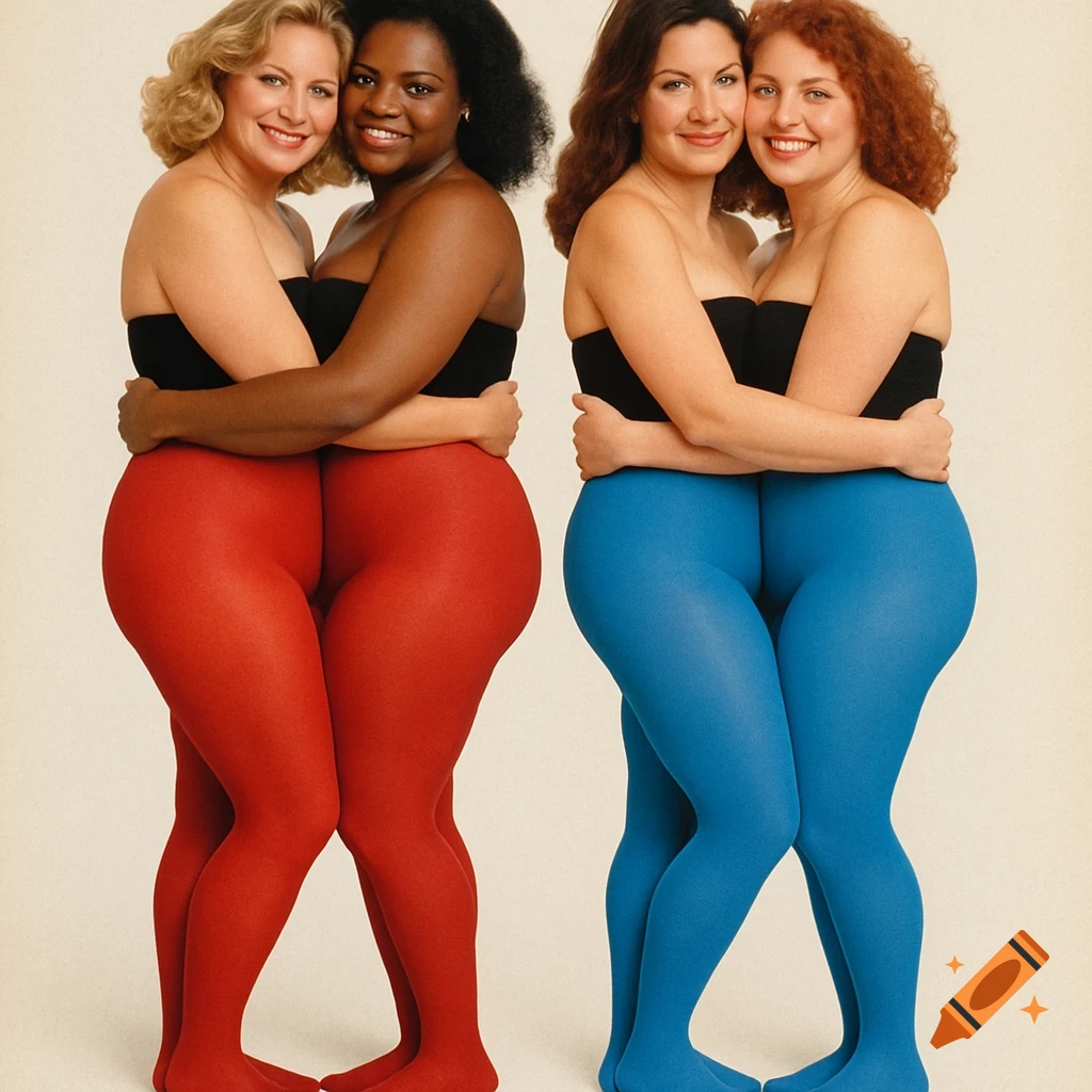 Two pairs of women wearing brightly colored tights and black tops hugging, in a 1980s studio photograph style.