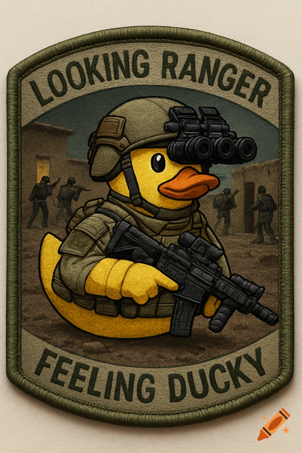 Military morale patch featuring a rubber duck in Army Ranger gear with text 'LOOKING RANGER FEELING DUCKY'.