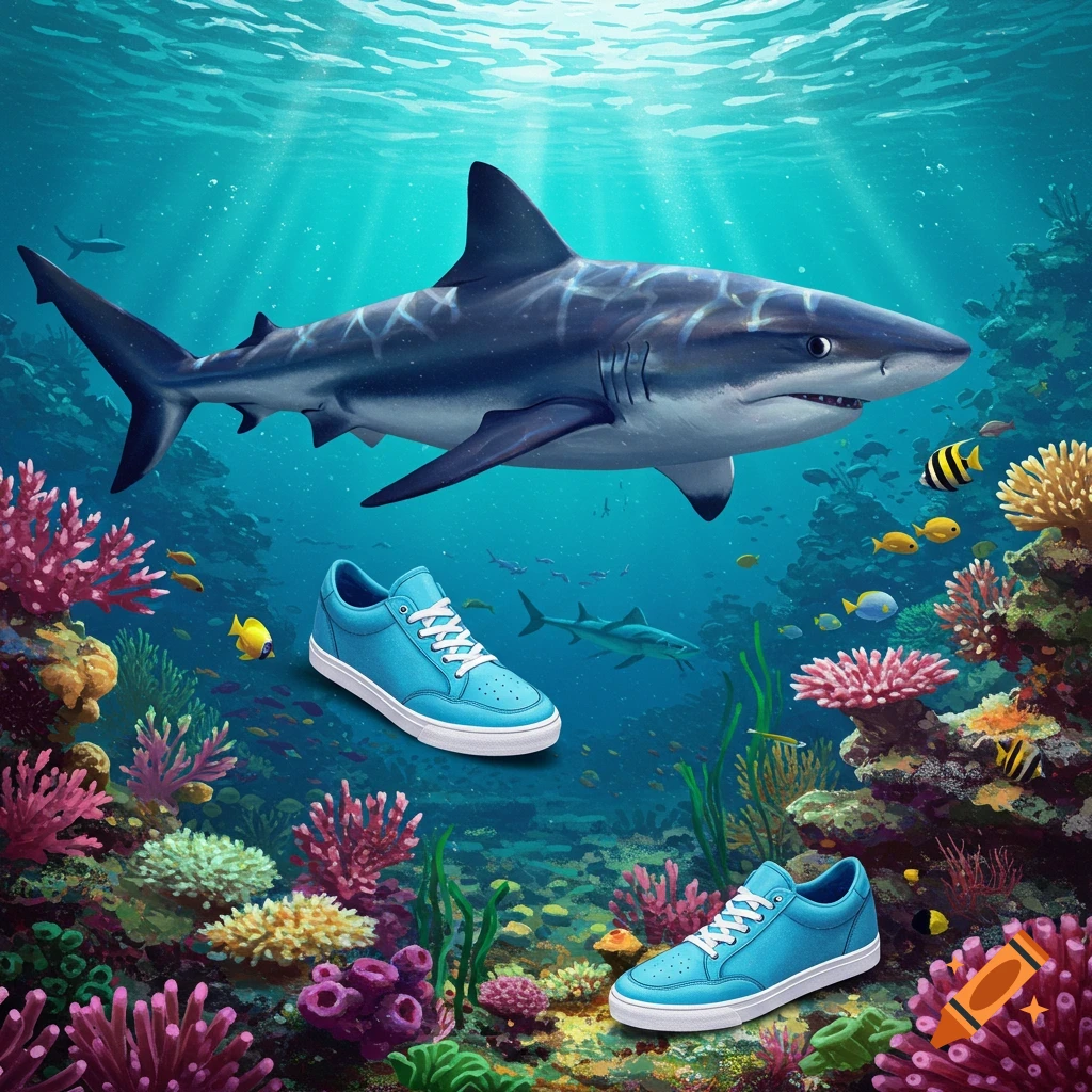 A shark swims over a vibrant coral reef with two blue shoes floating below, illustrated digitally.