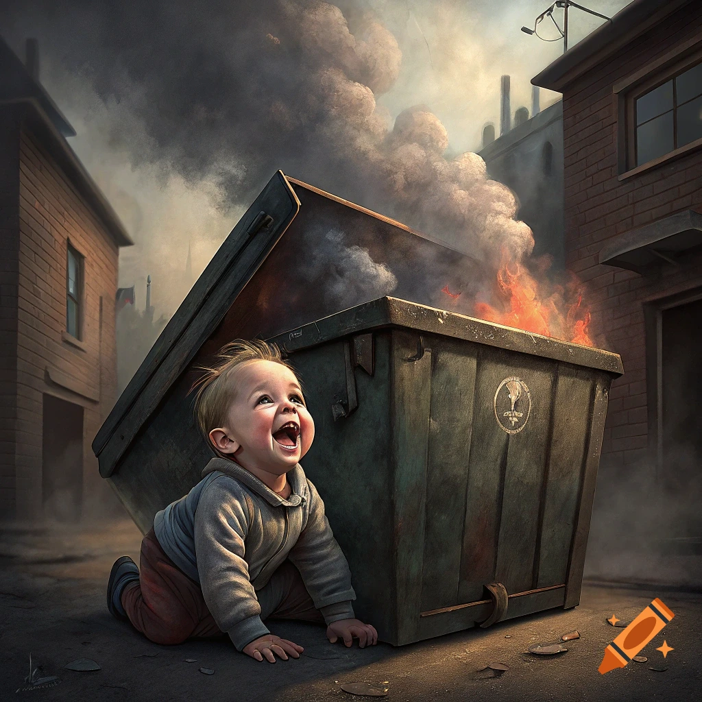 Baby crawls near a burning dumpster in a gritty alley, looking up and laughing.