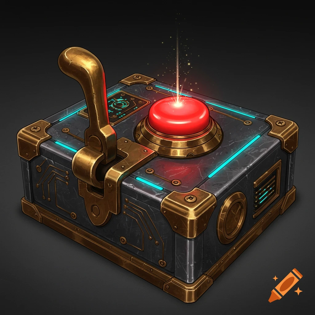 A detailed, close-up shot of a mechanical box with a gold lever, a glowing red button, and neon blue accents.