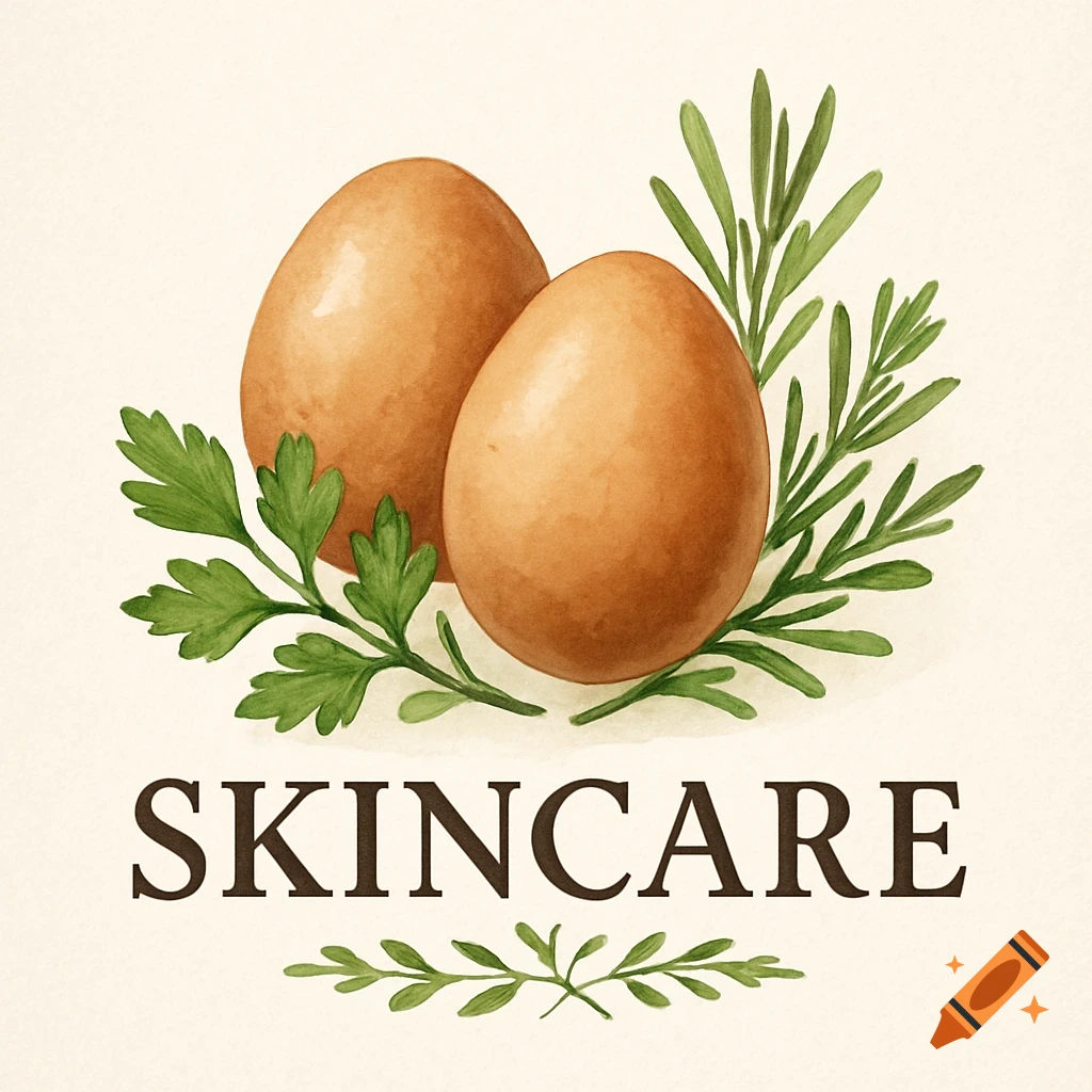 Watercolor illustration of eggs and herbs with the word SKINCARE.