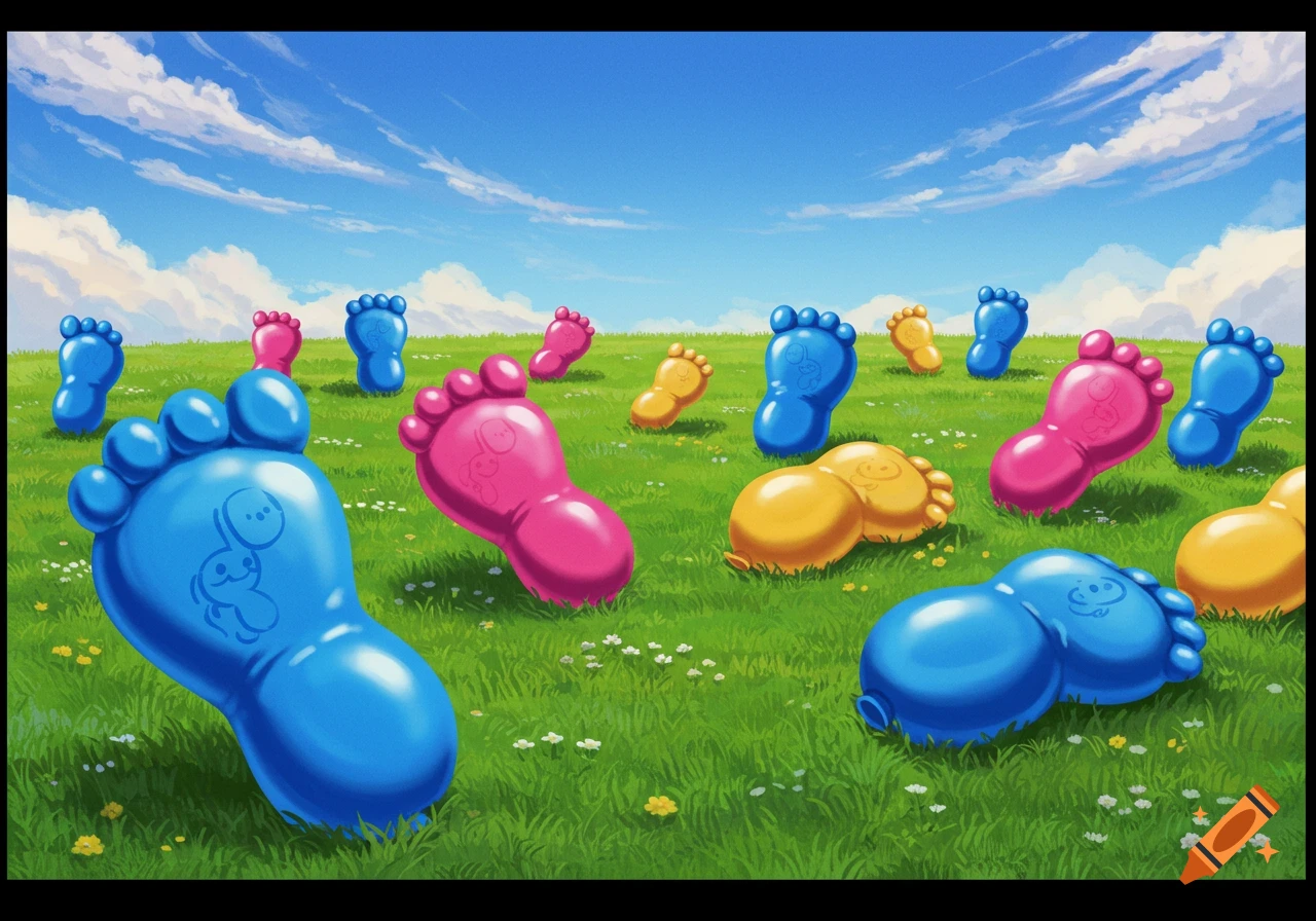 Colorful foot-shaped balloons in a grassy field under a cloudy blue sky.