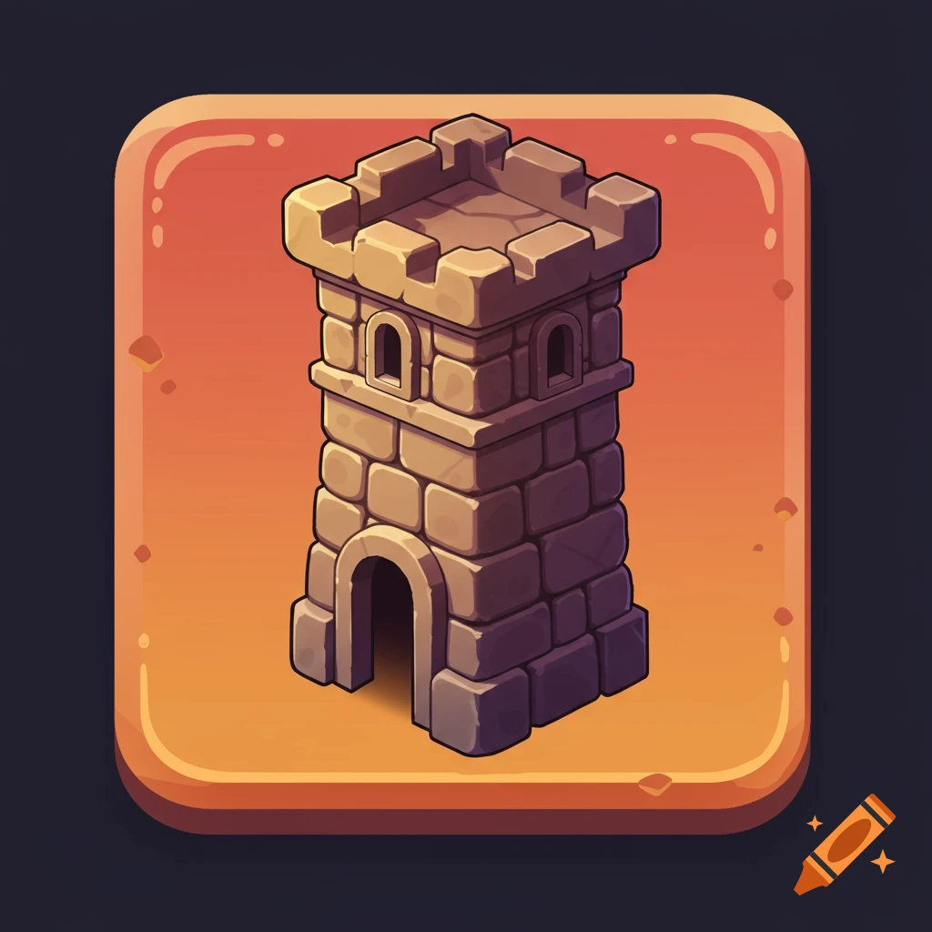 A cartoon-style stone castle tower icon on an orange background.