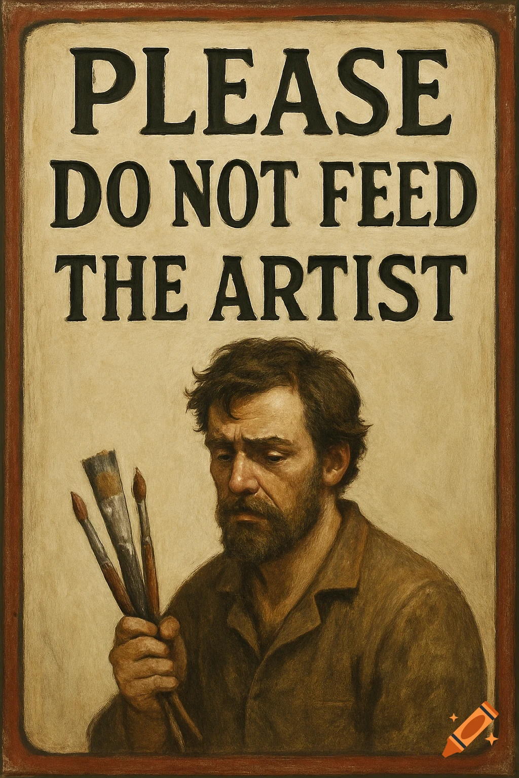 Painting of a sad artist holding paintbrushes below a sign that reads "PLEASE DO NOT FEED THE ARTIST".