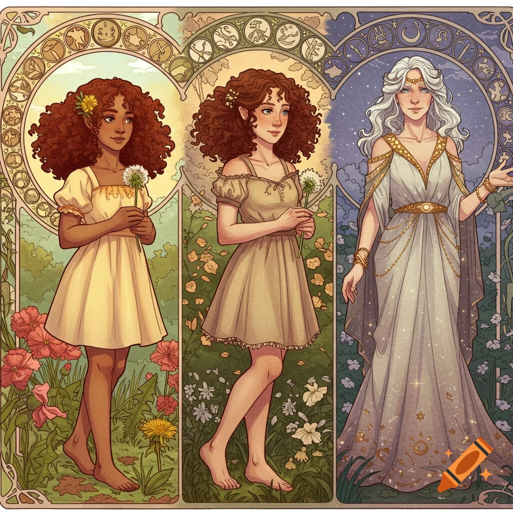 Art Nouveau illustration of three women standing in gardens, depicting evolution.