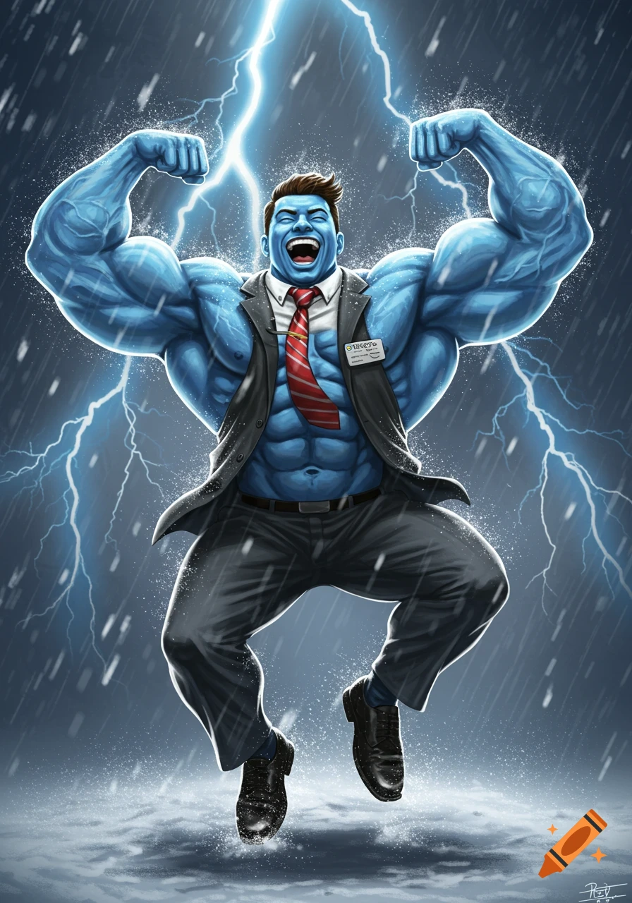 Blue bodybuilder man in suit flexing in a thunderstorm, illustration