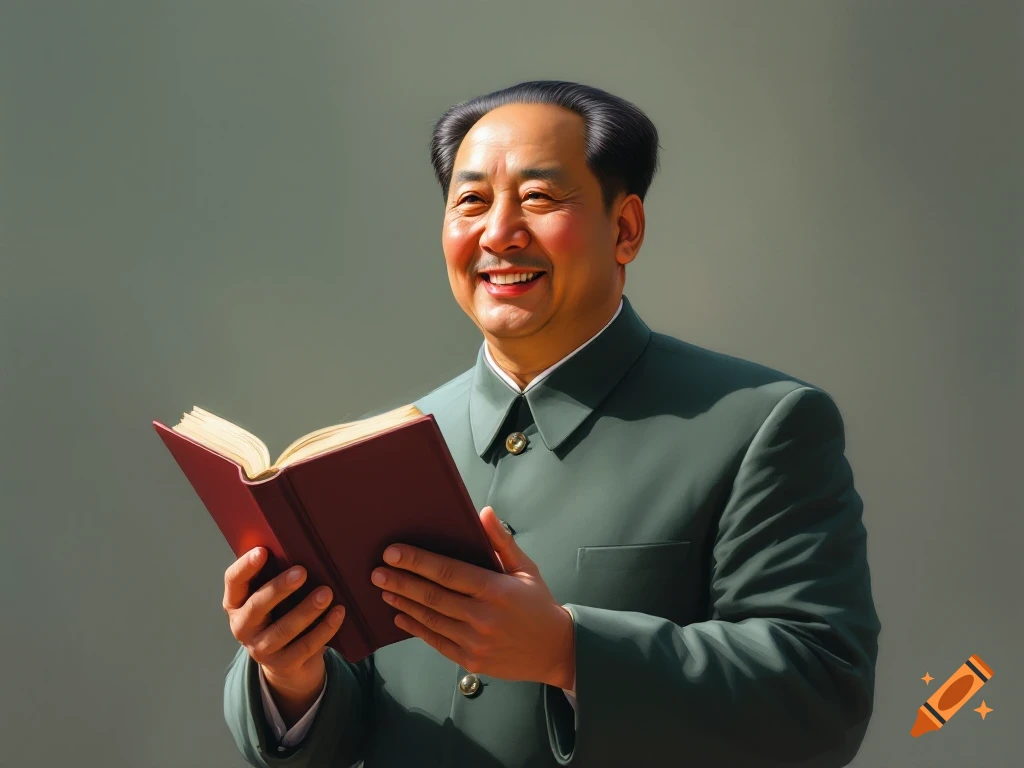 Portrait of a smiling person, likely Mao Zedong, holding a red book