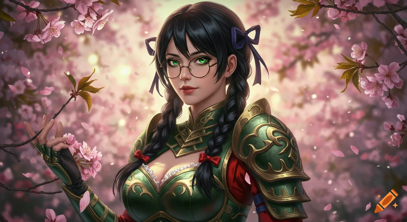 Anime-style woman in fantasy armor with pigtails and glasses among cherry blossoms