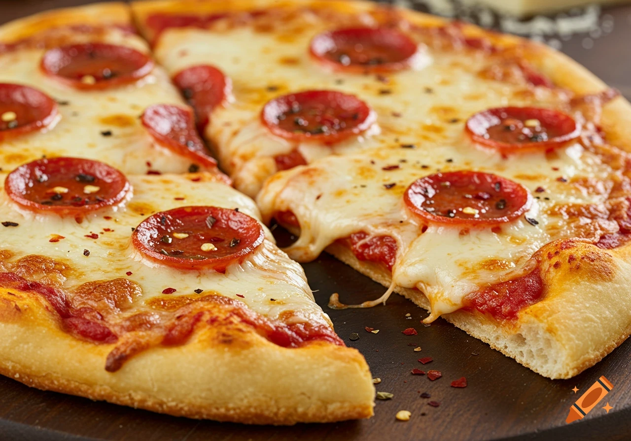 Close-up of a pepperoni pizza with melted cheese and red pepper flakes