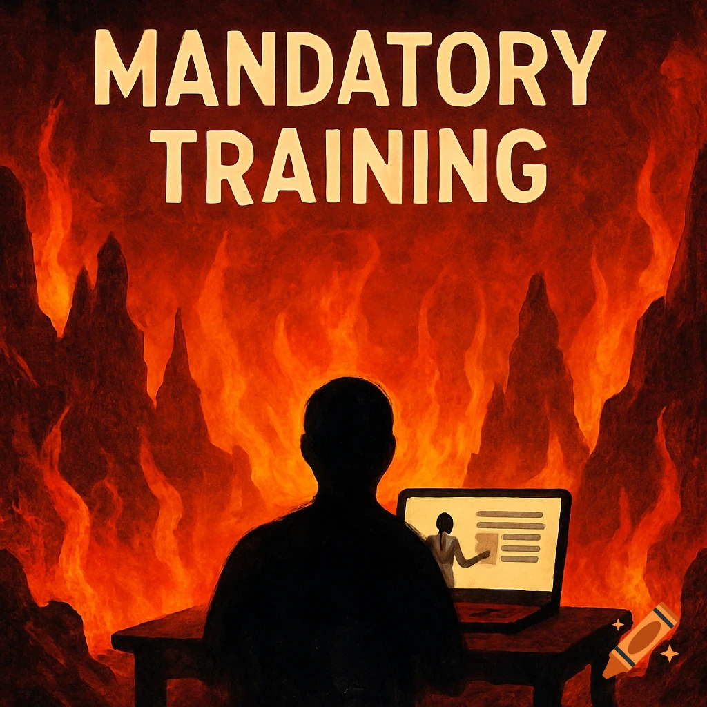 Silhouette of person on laptop in front of hellfire, text 'MANDATORY TRAINING'