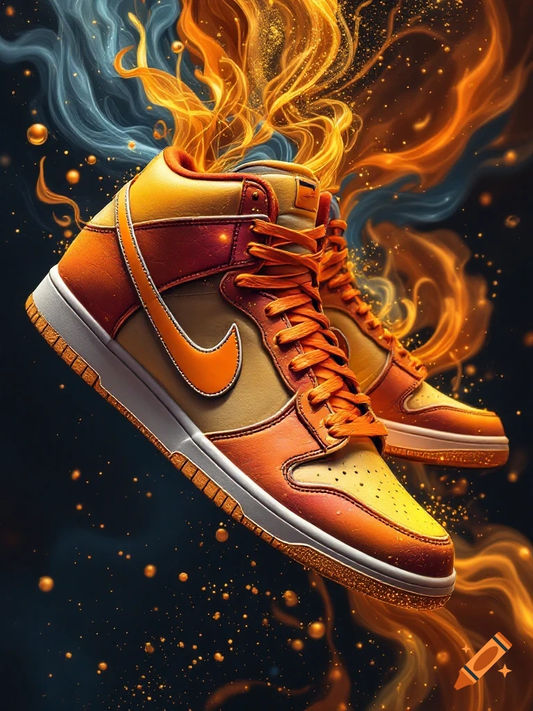 Pair of orange and yellow high-top sneakers with fire and smoke effects on a dark background.