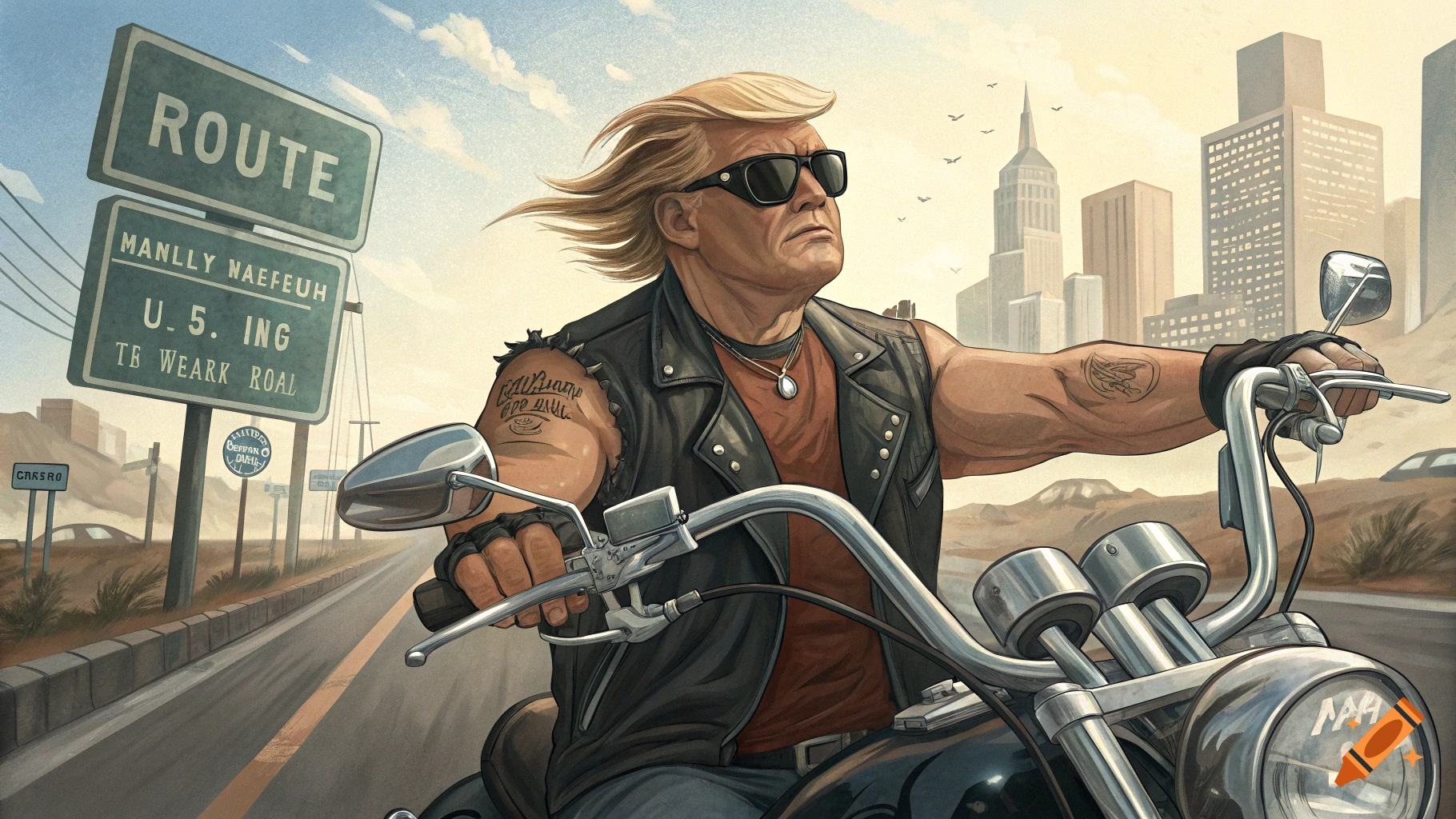 Stylized illustration of a man resembling Trump on a motorcycle wearing sunglasses and a leather vest on a road near a city.