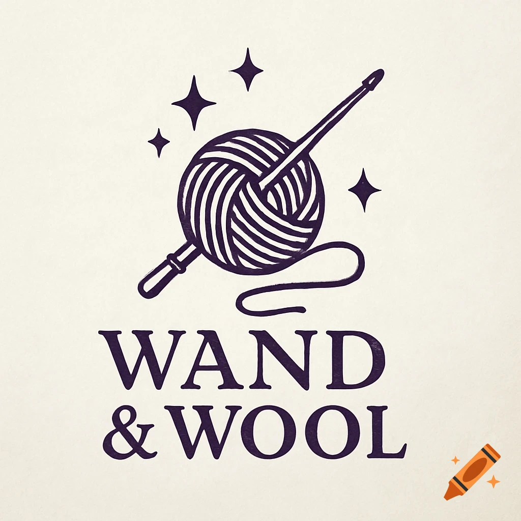 Logo featuring a ball of yarn with a crochet hook, surrounded by sparkling stars, and the text "WAND & WOOL".