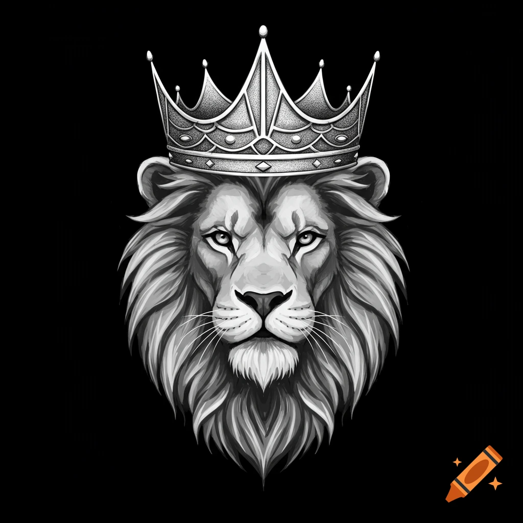 Black and white illustration of a lion's head wearing a crown