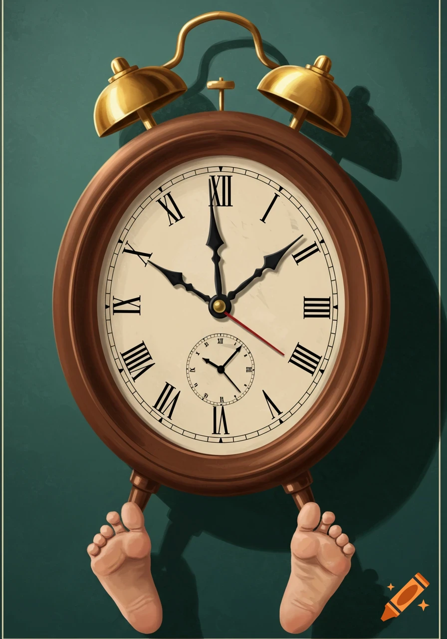 Illustration of an antique alarm clock with human feet, set against a teal background.