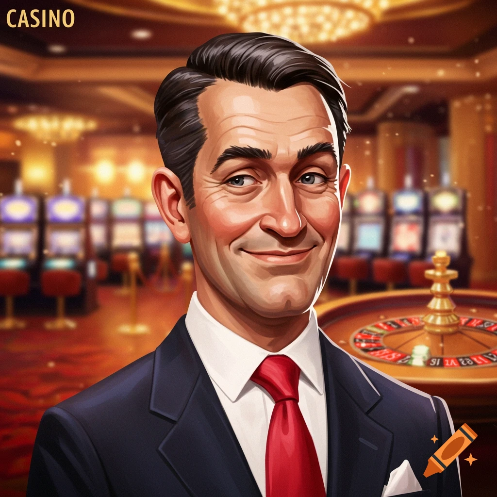 Stylized portrait of a man in a suit smiling in a casino
