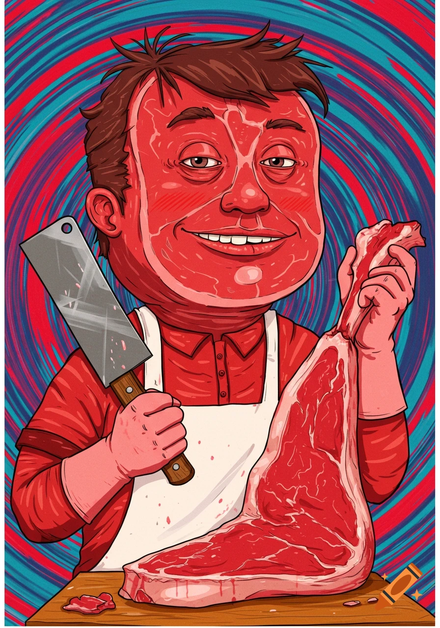 Cartoon illustration of a butcher holding a cleaver and a large piece of meat, with a swirling background.