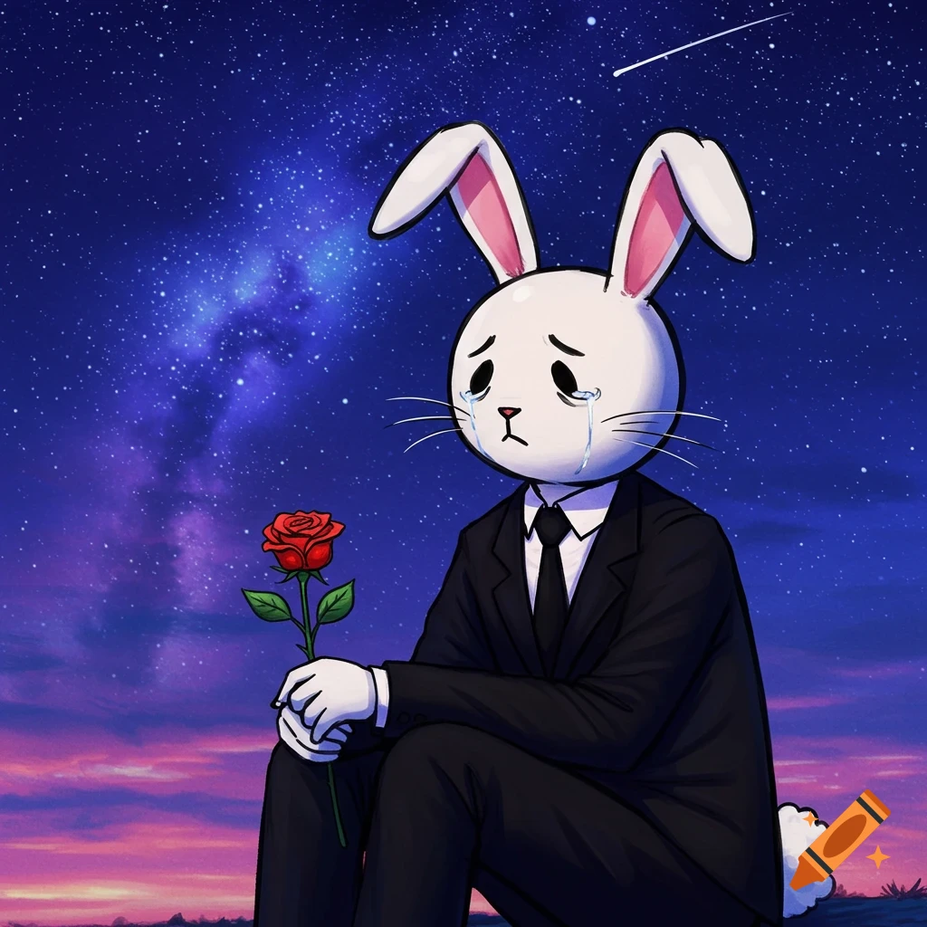 A person in a bunny head and suit sits sadly under a starry sky, holding a red rose.