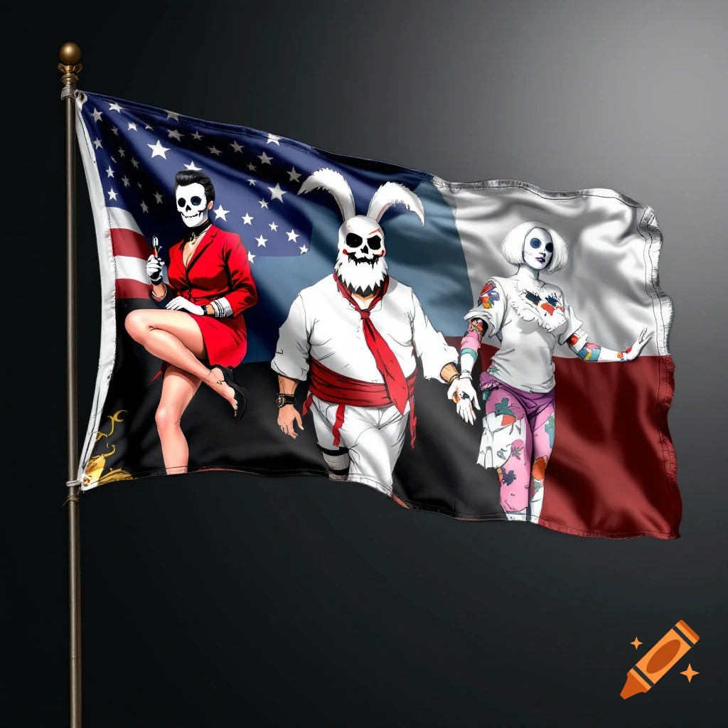 Three figures with skull faces stand on a flag combining US and red/white colors. One figure wears a red suit, one white with rabbit ears, one white with colorful patterns.