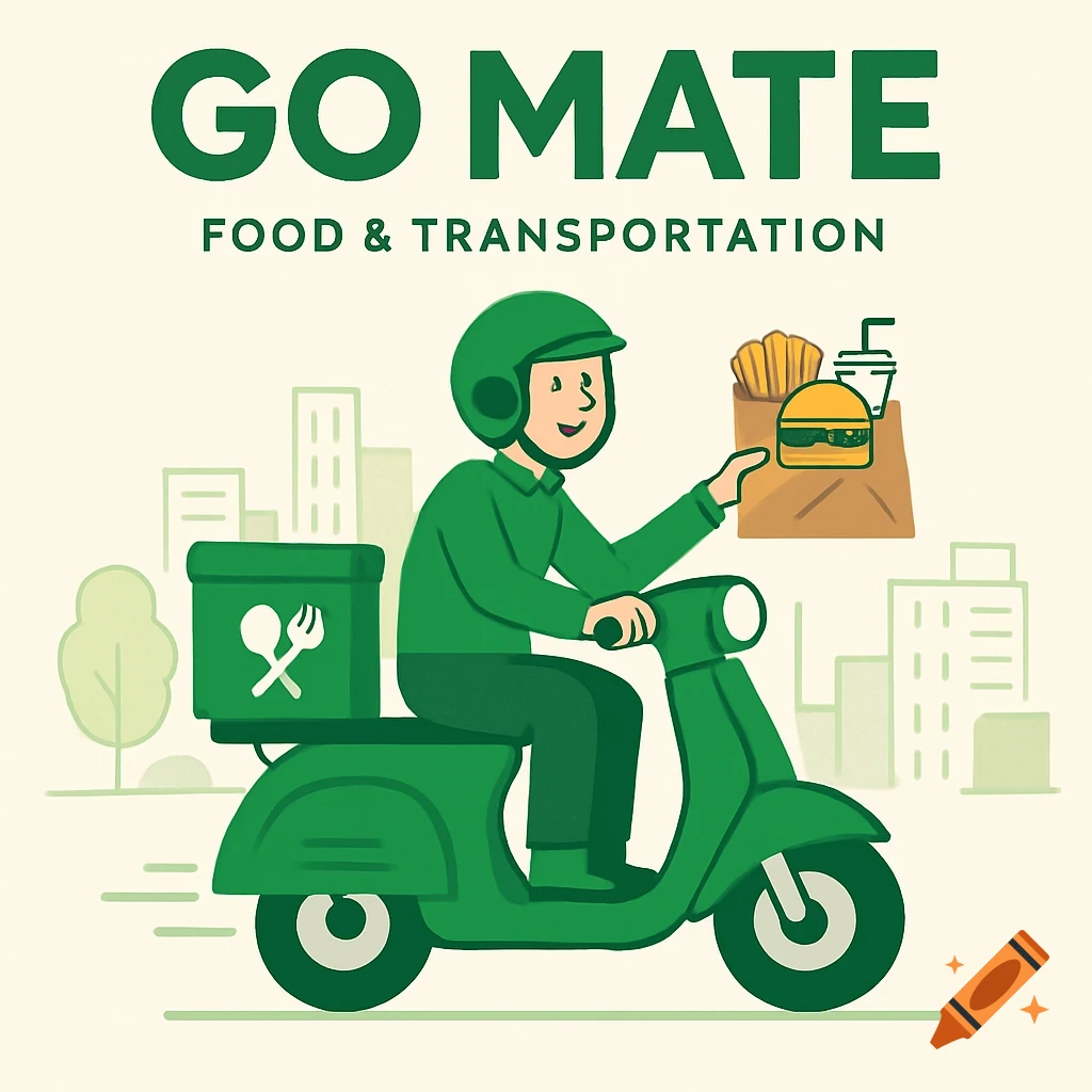A green cartoon delivery driver on a scooter holds a food bag with a burger and fries. Text says "GO MATE FOOD & TRANSPORTATION".
